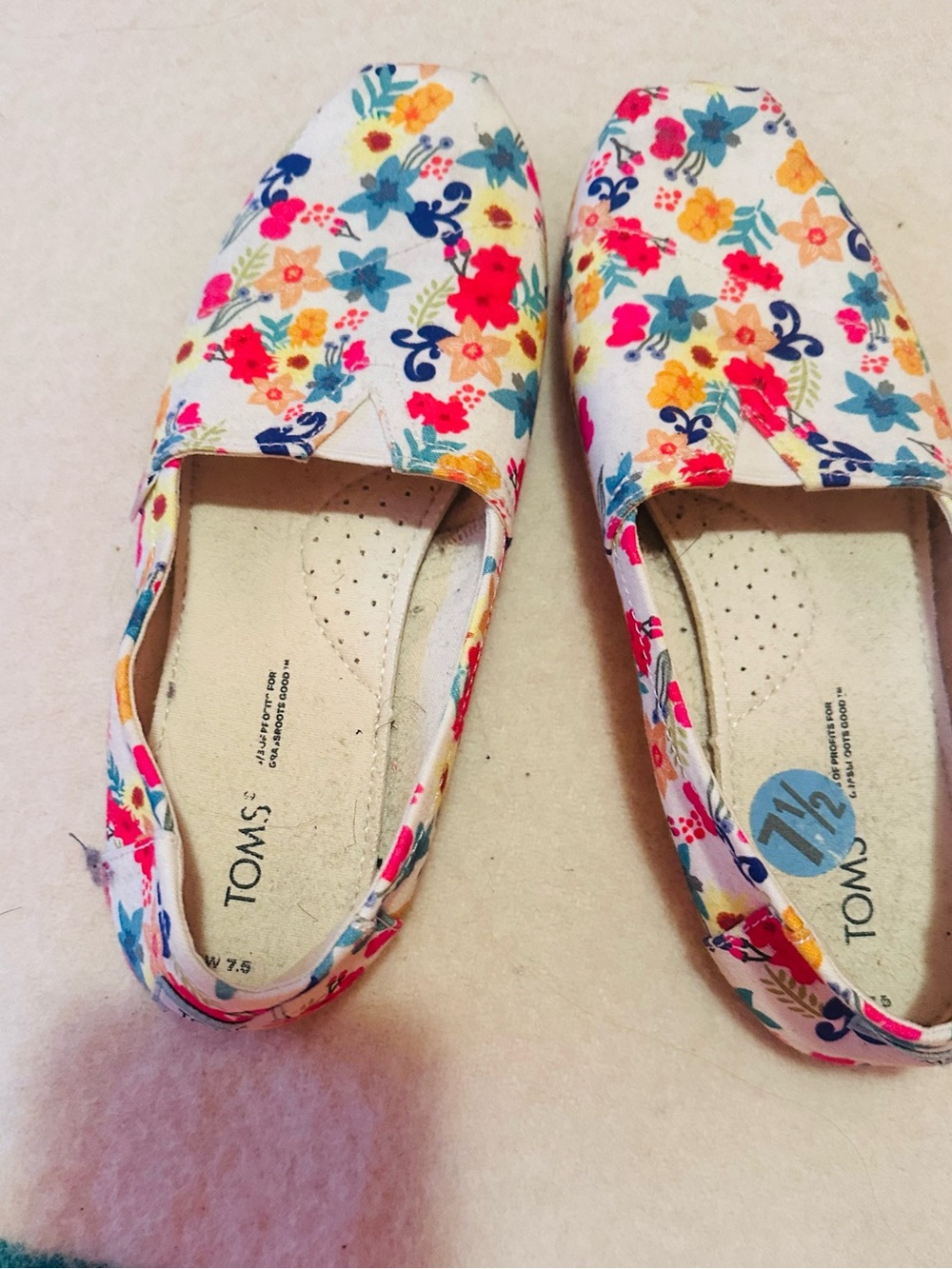 TOMS Women’s Floral Canvas Slip-Ons - White with Pink, Blue & Yellow Flowers